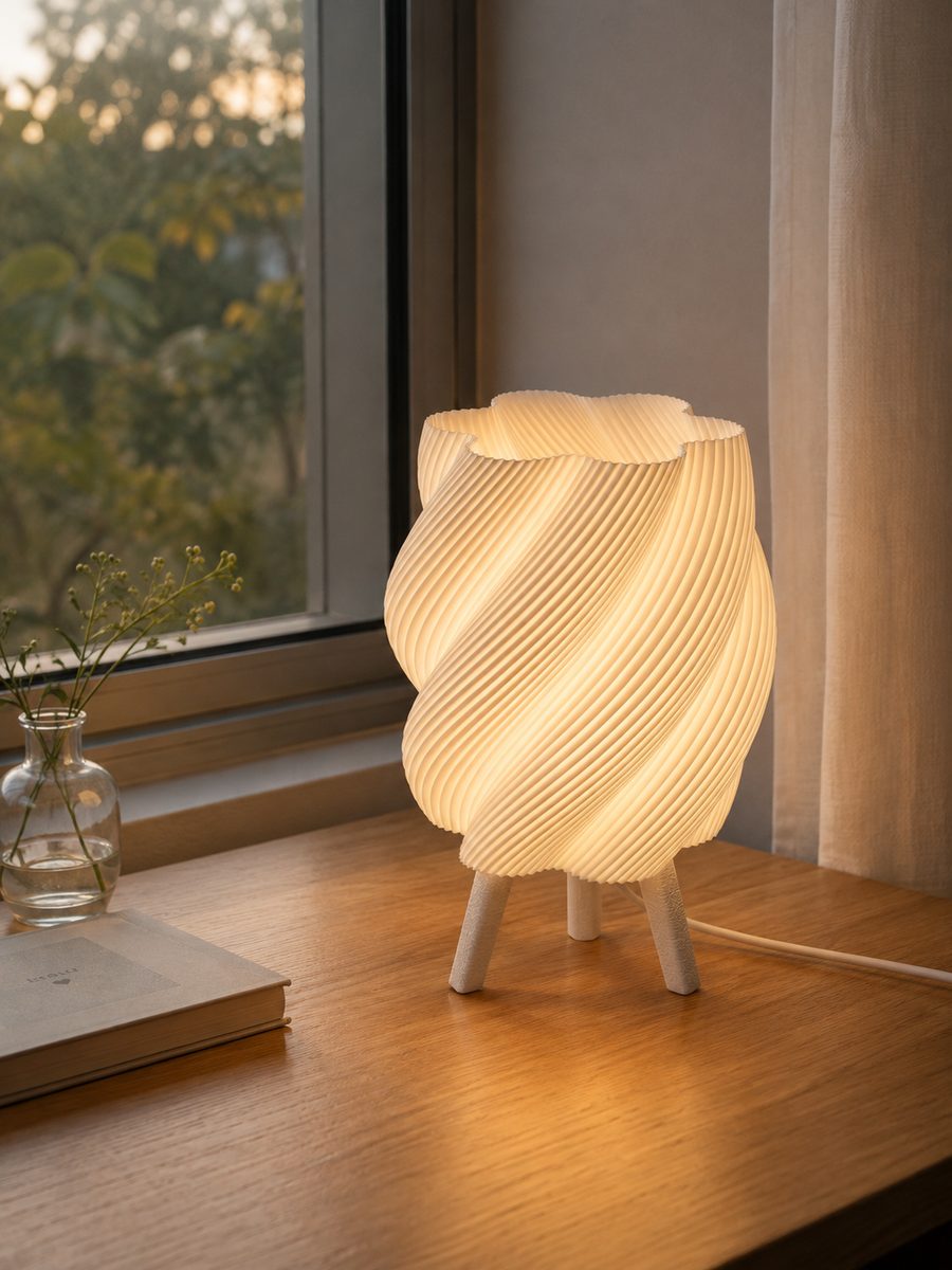 Spiral-textured 3D printed table lamp glowing beside a window at sunset